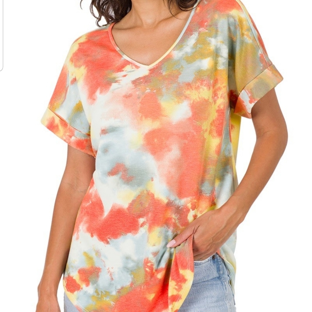 💖SOFT FRENCH TERRY TIE-DYE ROLLED SLEEVE V-NECK TOP - ORANGE💖